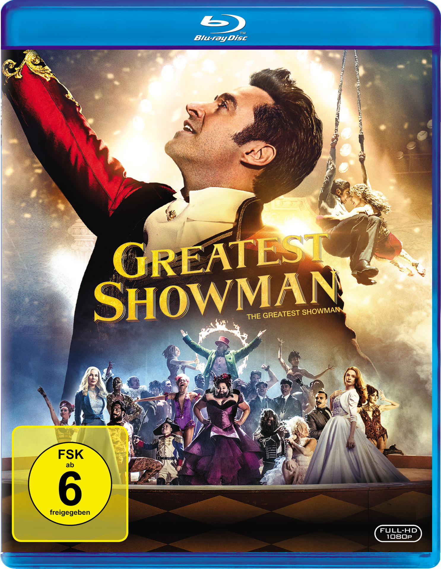 Blu-ray-Cover für 'The Greatest Showman' mit einem Mann im Anzug und Zirkusartisten.