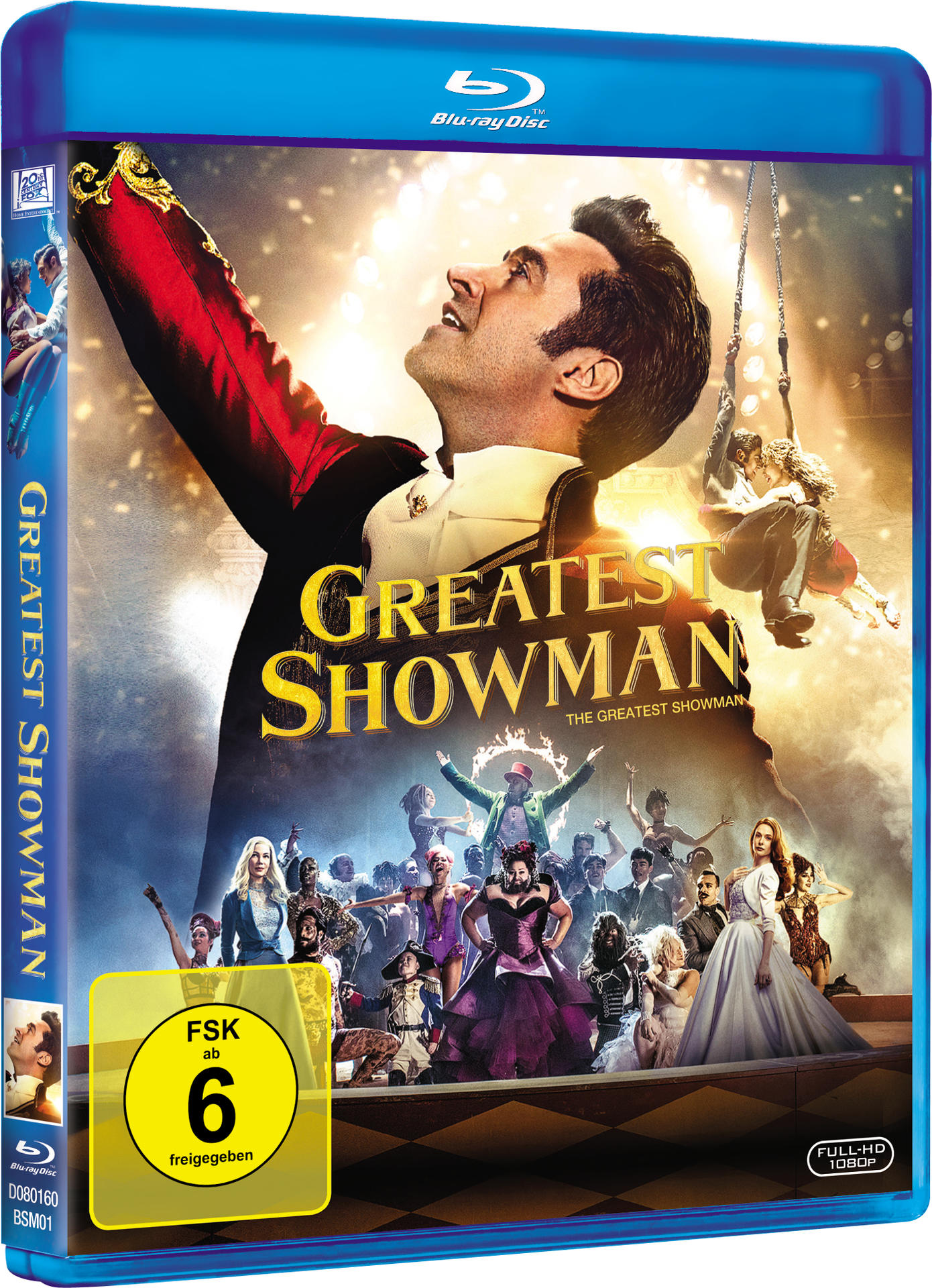 Blu-ray-Box-Art für 'The Greatest Showman', zeigt einen Mann und eine Menge.