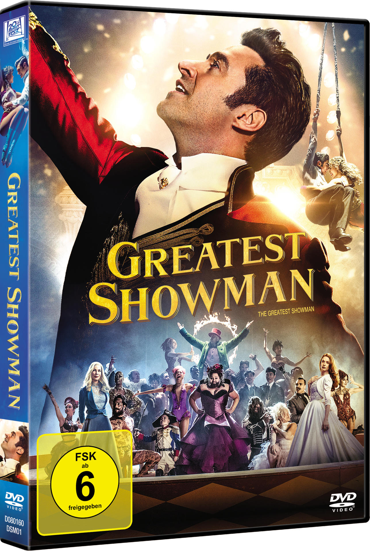 DVD-Hülle für 'Greatest Showman' mit Bild von Hugh Jackman, farbenfroh.