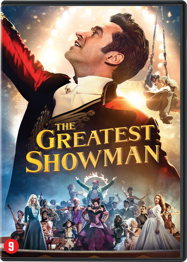 DVD-hoes van 'The Greatest Showman' met Hugh Jackman op de voorgrond en een circusscène.
