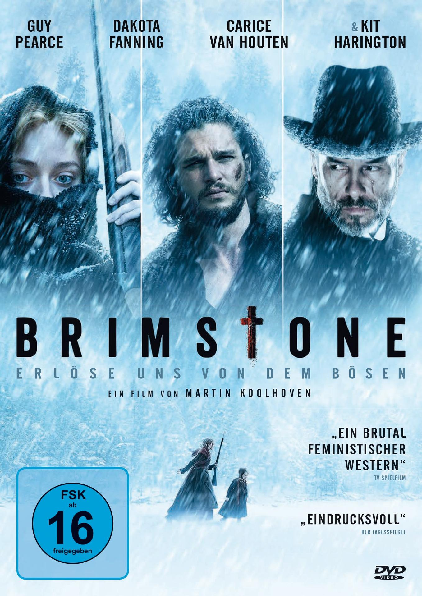 Brimstone DVD-Cover: drei Schauspieler in einer schneebedeckten Szene mit Kreuz und Titel.