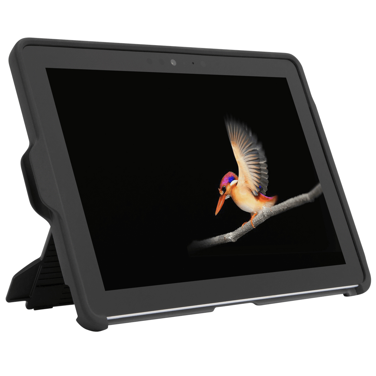 Schwarzes Tablet in einer Hülle, abgewinkelt, mit einem bunten Vogelbild auf dem Bildschirm.