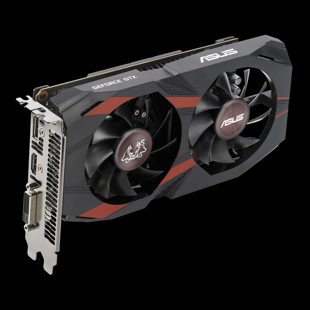 Schwarze und rote Grafikkarte mit Lüftern, der Marke ASUS und schwarzem Hintergrund.