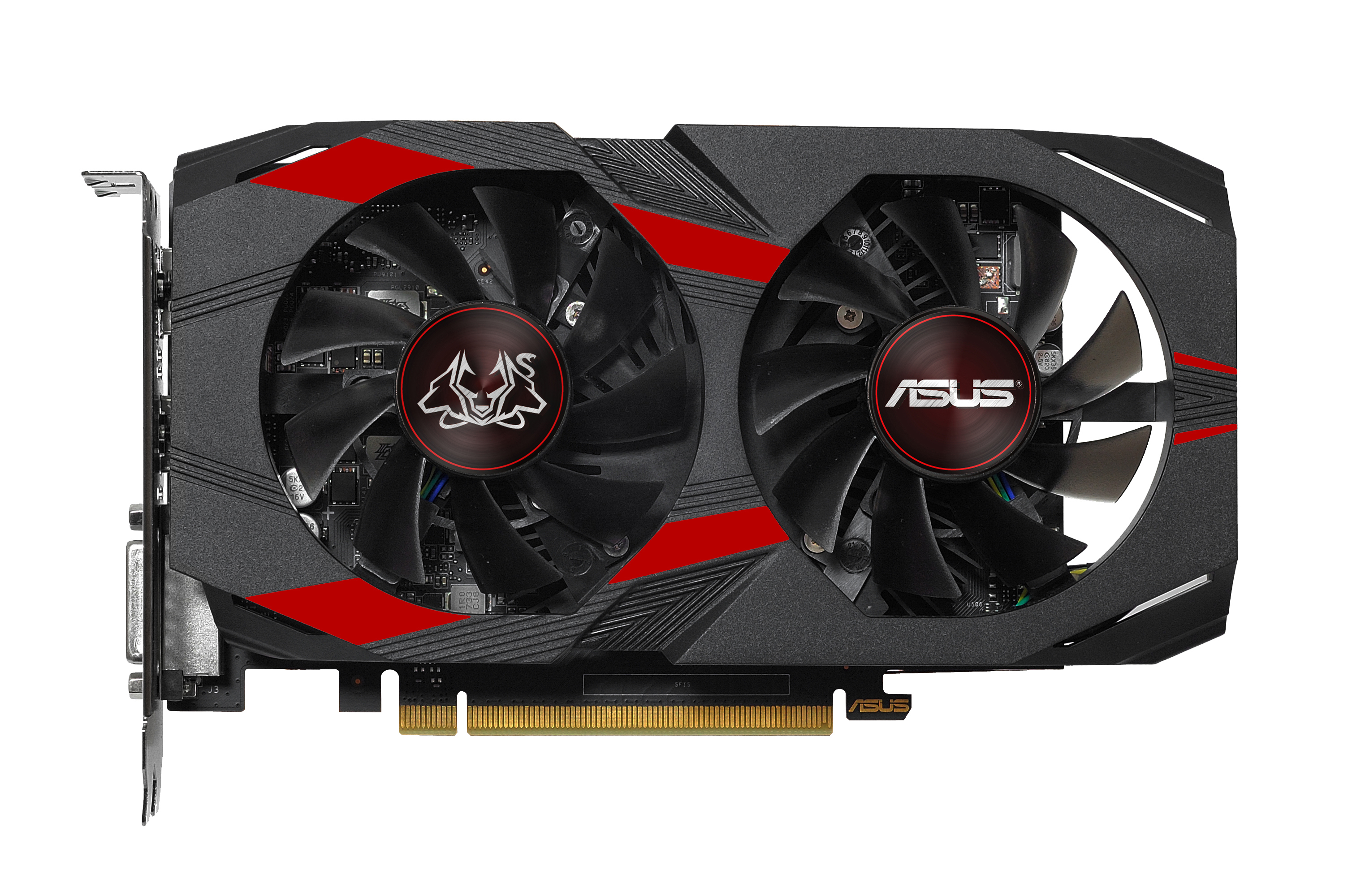 Eine schwarze und rote ASUS-Grafikkarte mit zwei Lüftern. Es hat einen schwarzen Kühlkörper und rote Akzente.