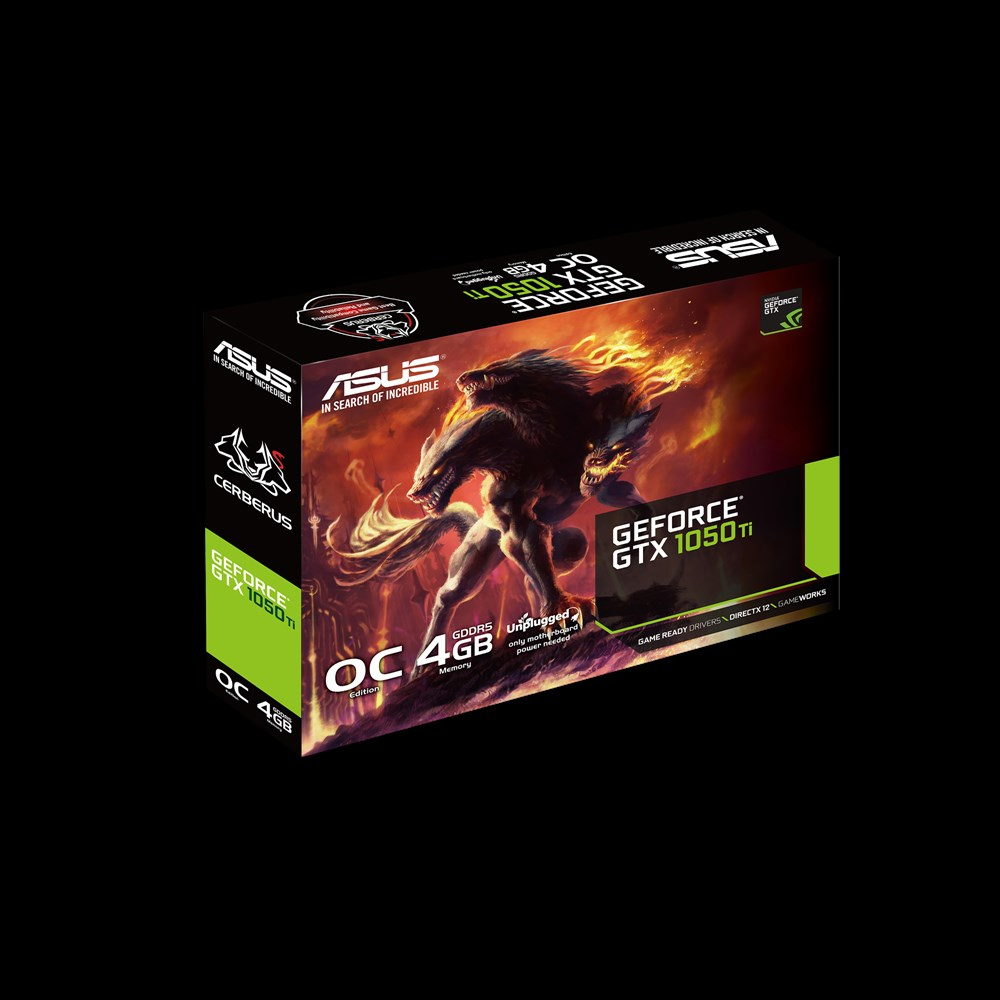 ASUS-Grafikkartenbox mit einem wolfsähnlichen Geschöpf in Flammen und Text zur Karte.