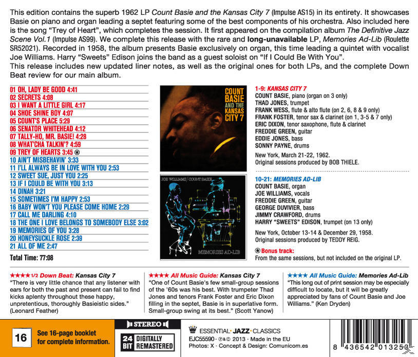 Album borító Count Basie és a Kansas City 7 képével. A dalok listája látható.