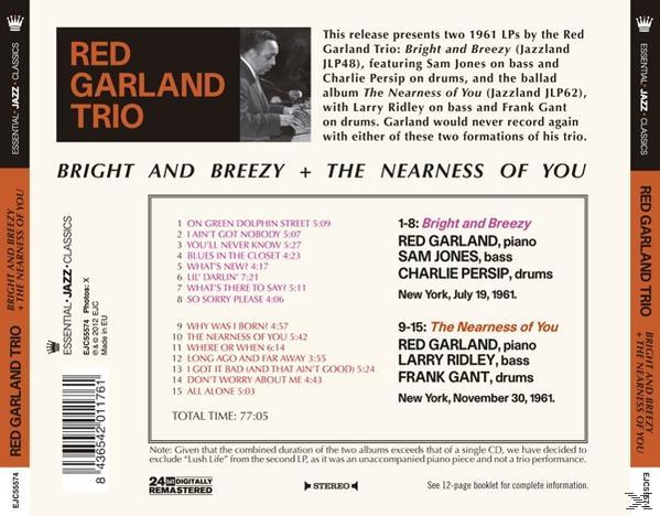 Red Garland Trio CD-borítója: Bright and Breezy + The Nearness of You. Számlista és a zenekar tagjai. Barna és fehér.