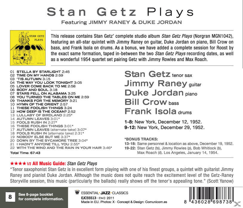 Egy könyvborító a következő szöveggel: Stan Getz Plays featuring Jimmy Raney & Duke Jordan.