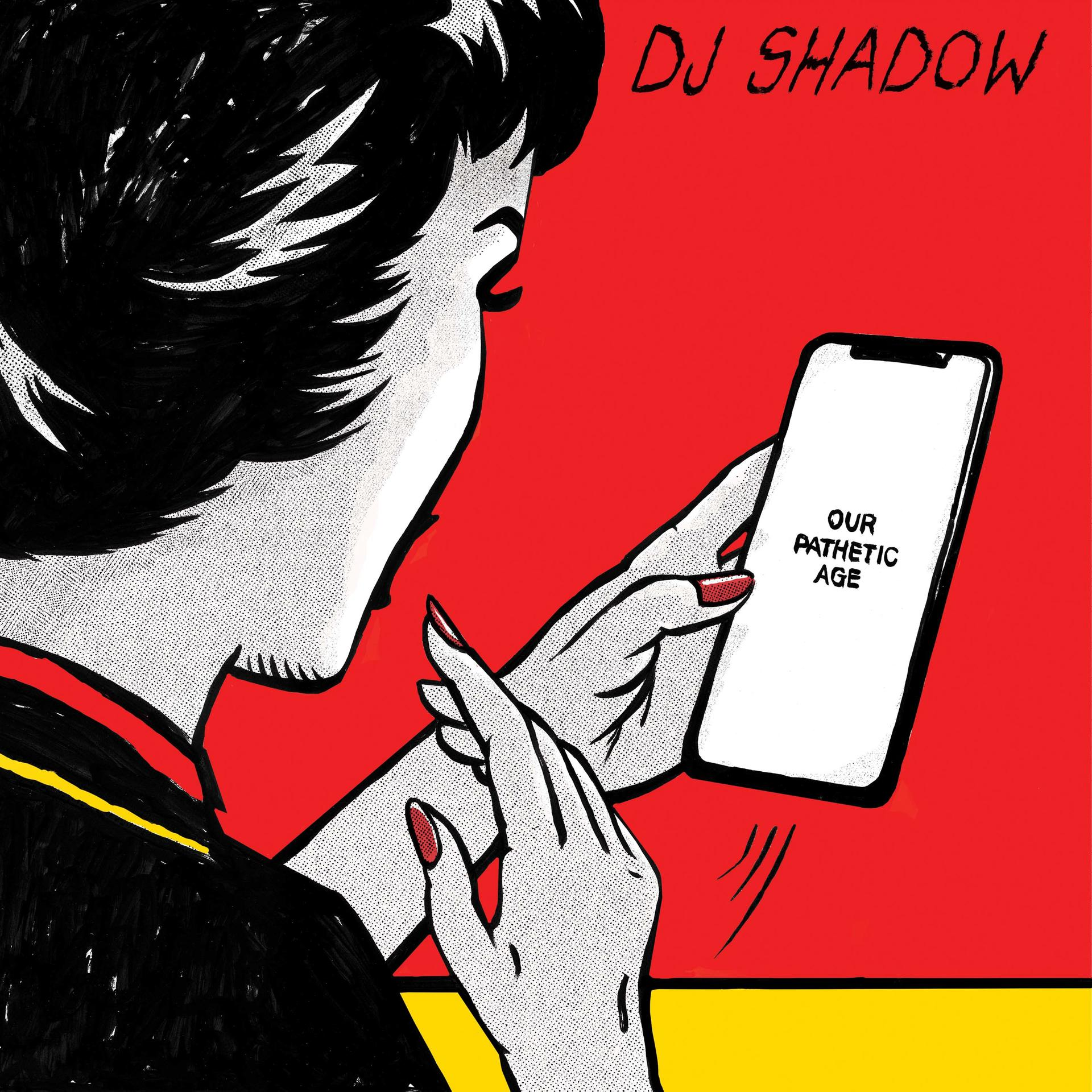 Image de style bande dessinée d'une femme avec un téléphone affichant le texte 'OUR PATHETIC AGE'.