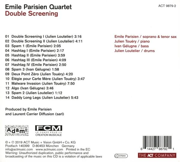 Rückseite der CD von Emile Parisien Quartet. Enthält Trackliste und Credits. Der Hintergrund ist blau. Der Text ist weiß.