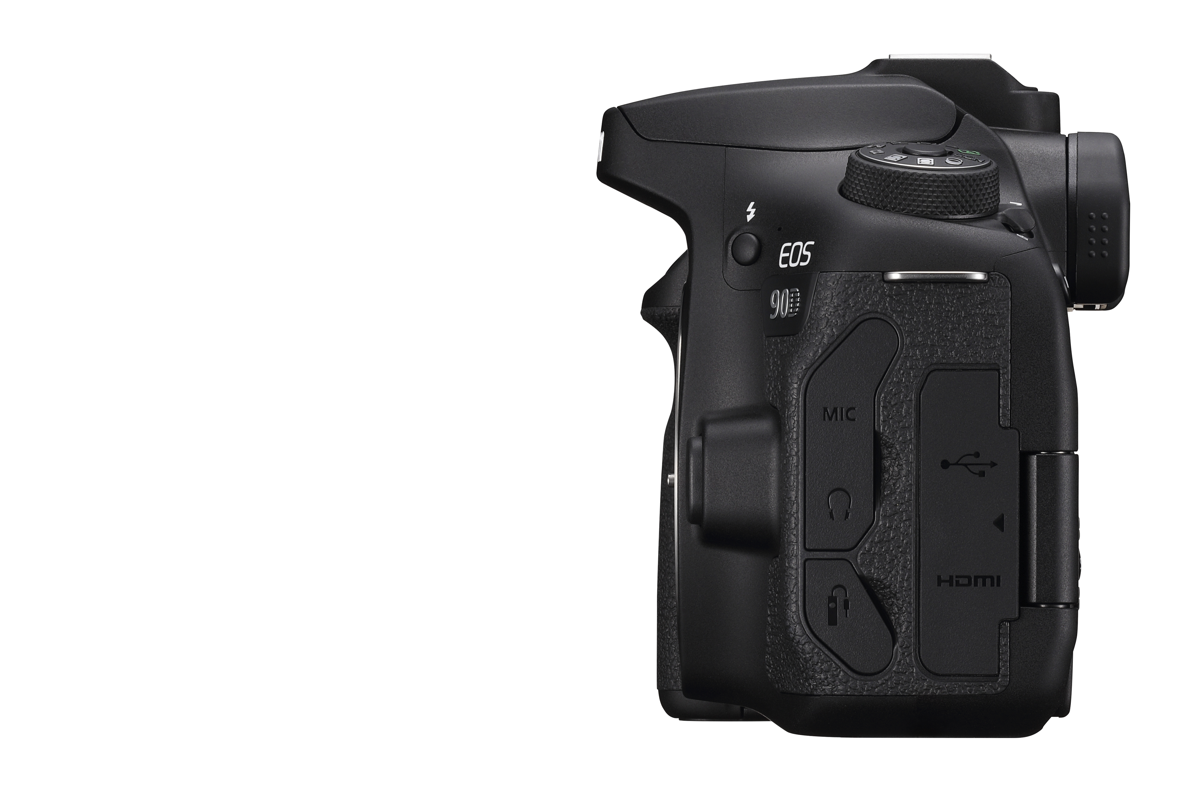 Canon EOS 90D fotoğraf makinesi. Siyah gövde. Düğmeler ve bağlantılarla yan görünüm. Beyaz arka plan.