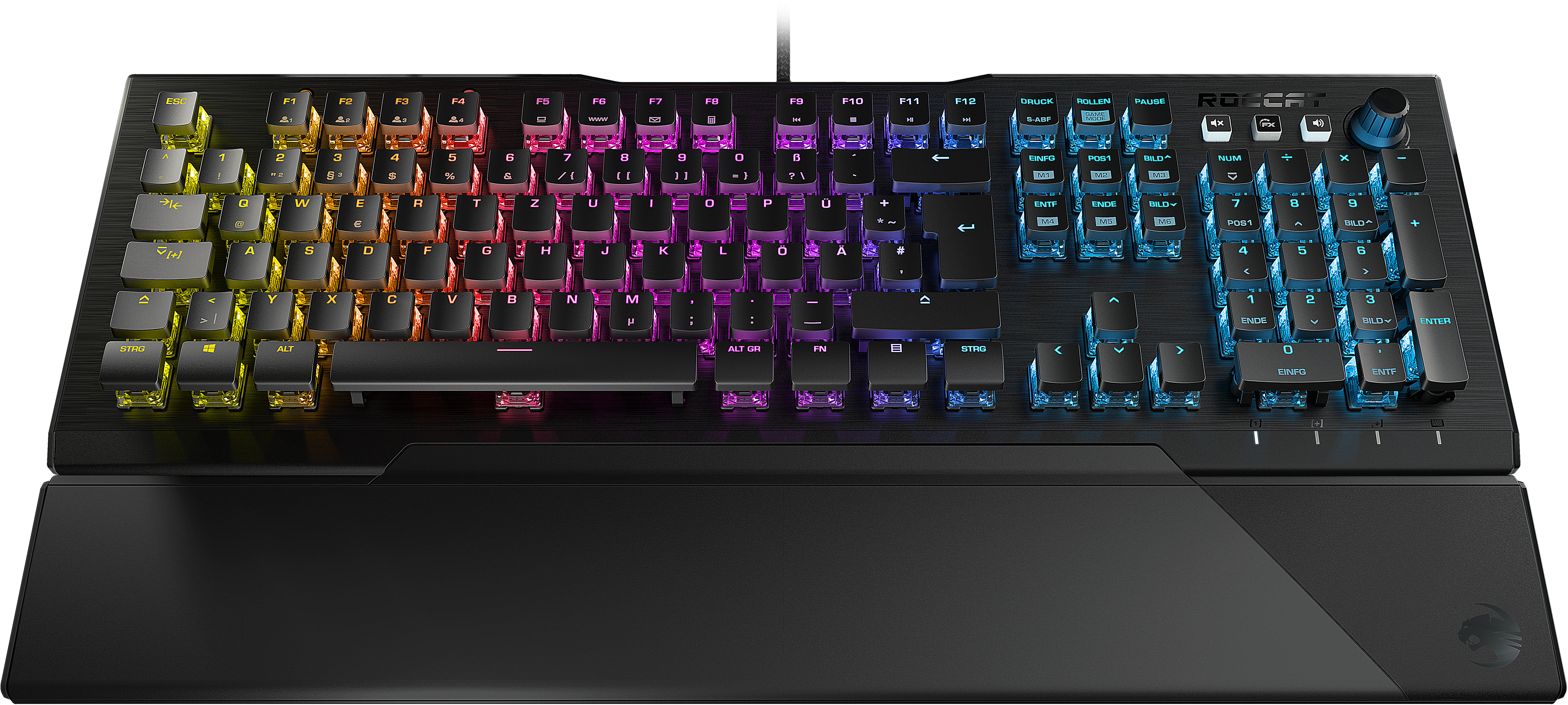 Eine Roccat Gaming-Tastatur mit farbenfrohen Tasten.
