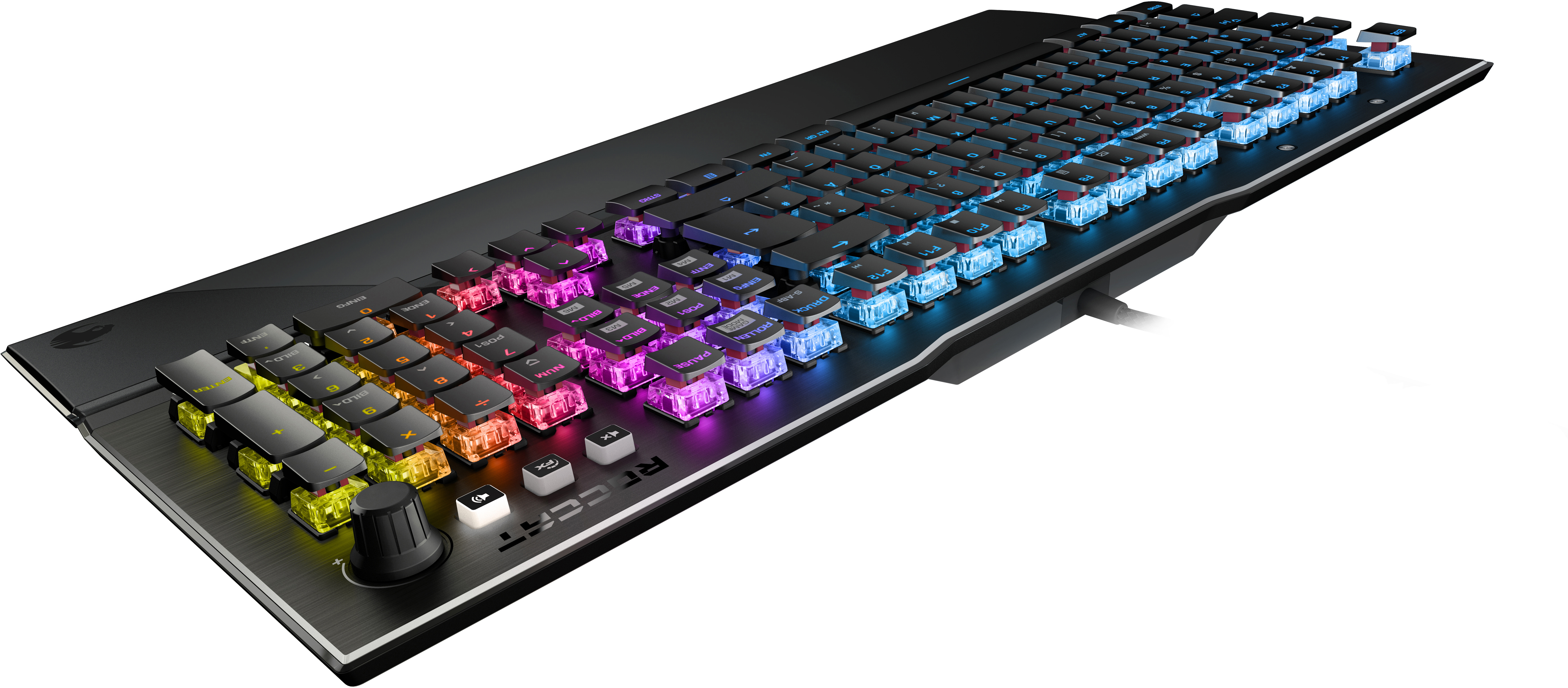 Eine schwarze Gaming-Tastatur mit farbig beleuchteten Tasten. Die Tastatur liegt auf einer weißen Oberfläche.