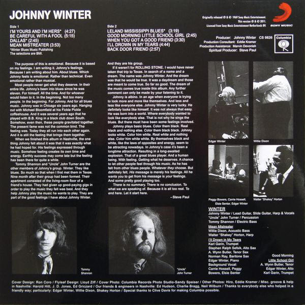 Johnny Winter Ballads album hátlapja szöveggel és a zenekar tagjainak fotóival.