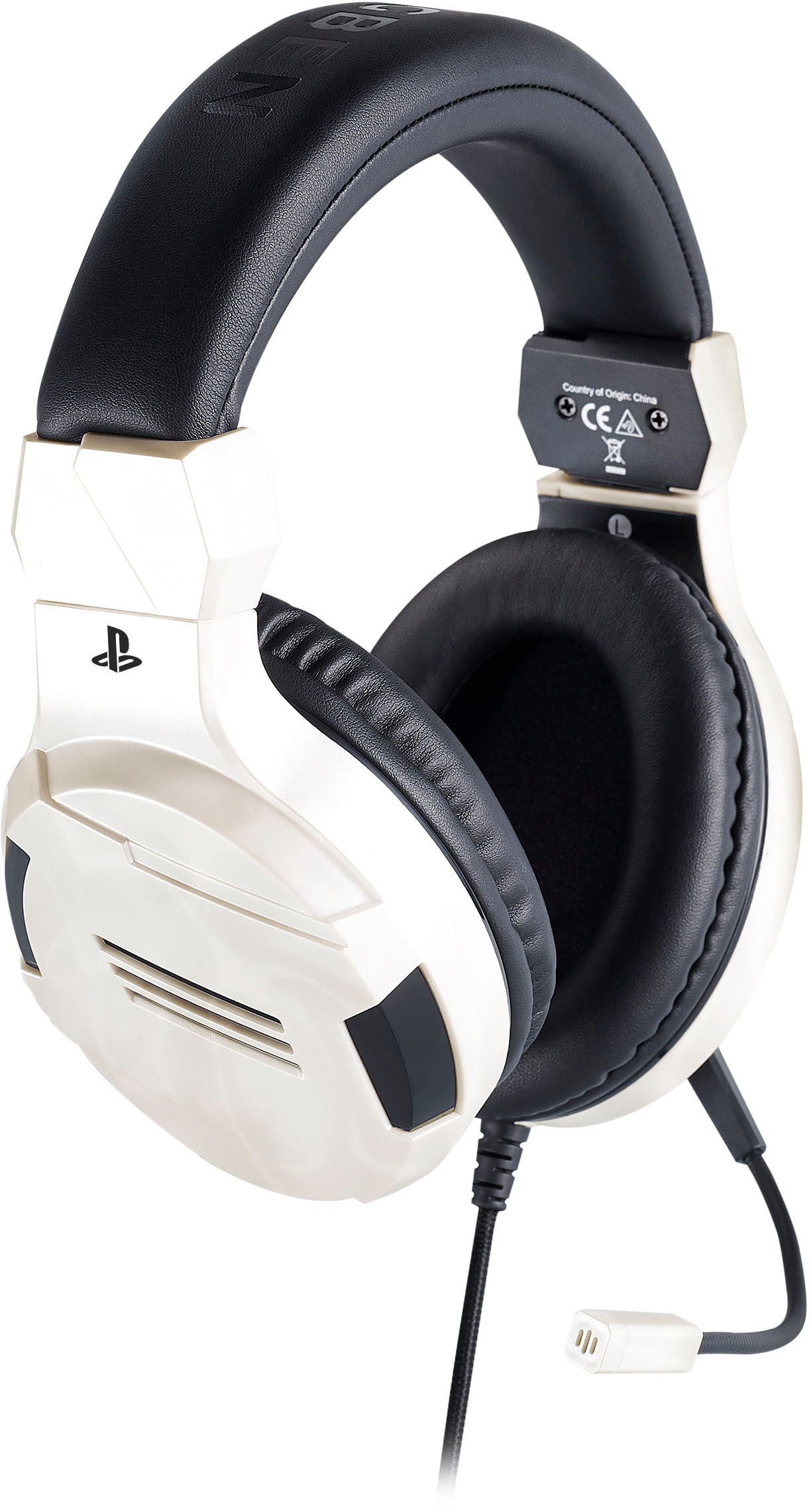 White and black gaming headset. The headset has a microphone and a cord.