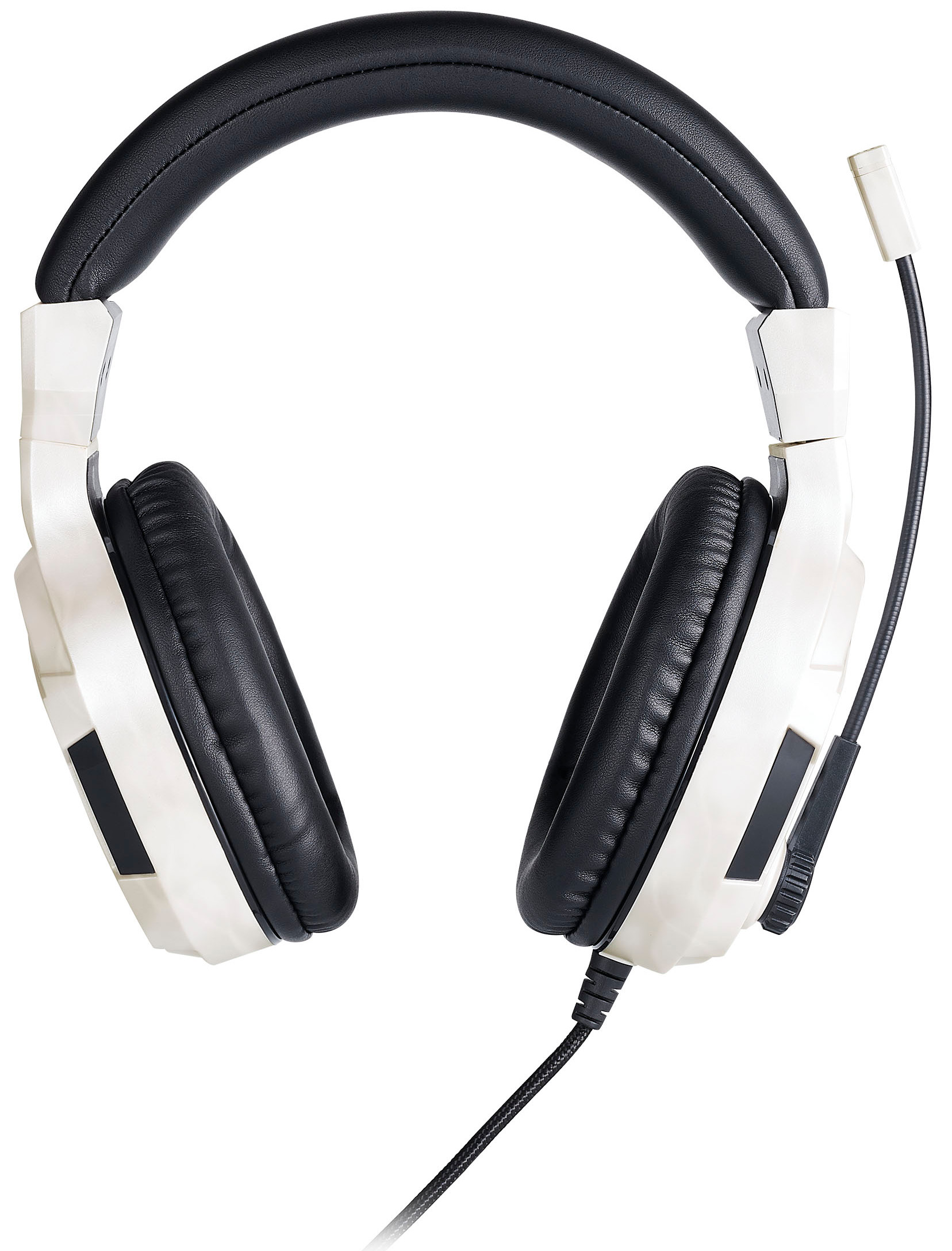 White and black gaming headphones, top-down view.