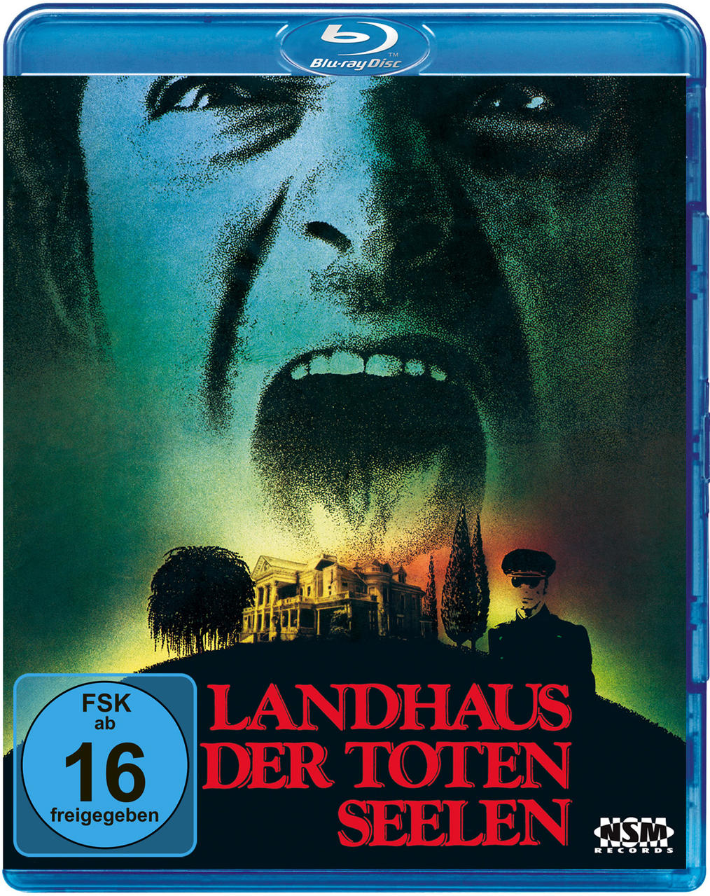 Blu-ray-Cover für 'Landhaus der Toten Seelen', ein Horrorfilm mit einem schreienden Gesicht.