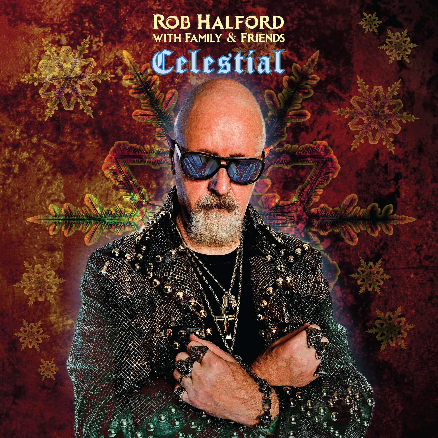 Albumhoes van Rob Halford met zonnebril, jasje met studs, sneeuwvlokken op de achtergrond.