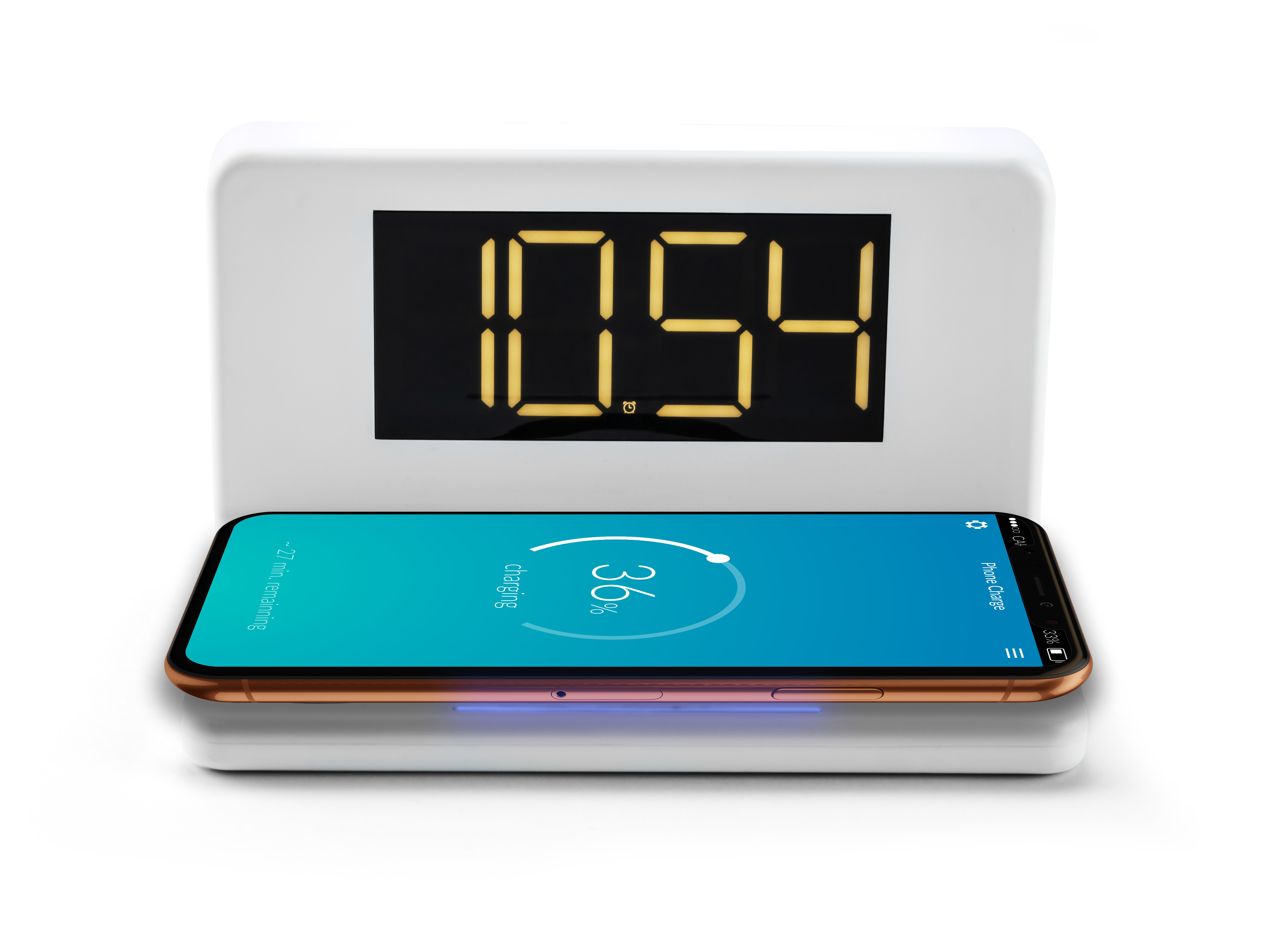 Telefon, das auf einem weißen kabellosen Ladegerät geladen wird, mit einer Digitaluhr, die 10:54 anzeigt.