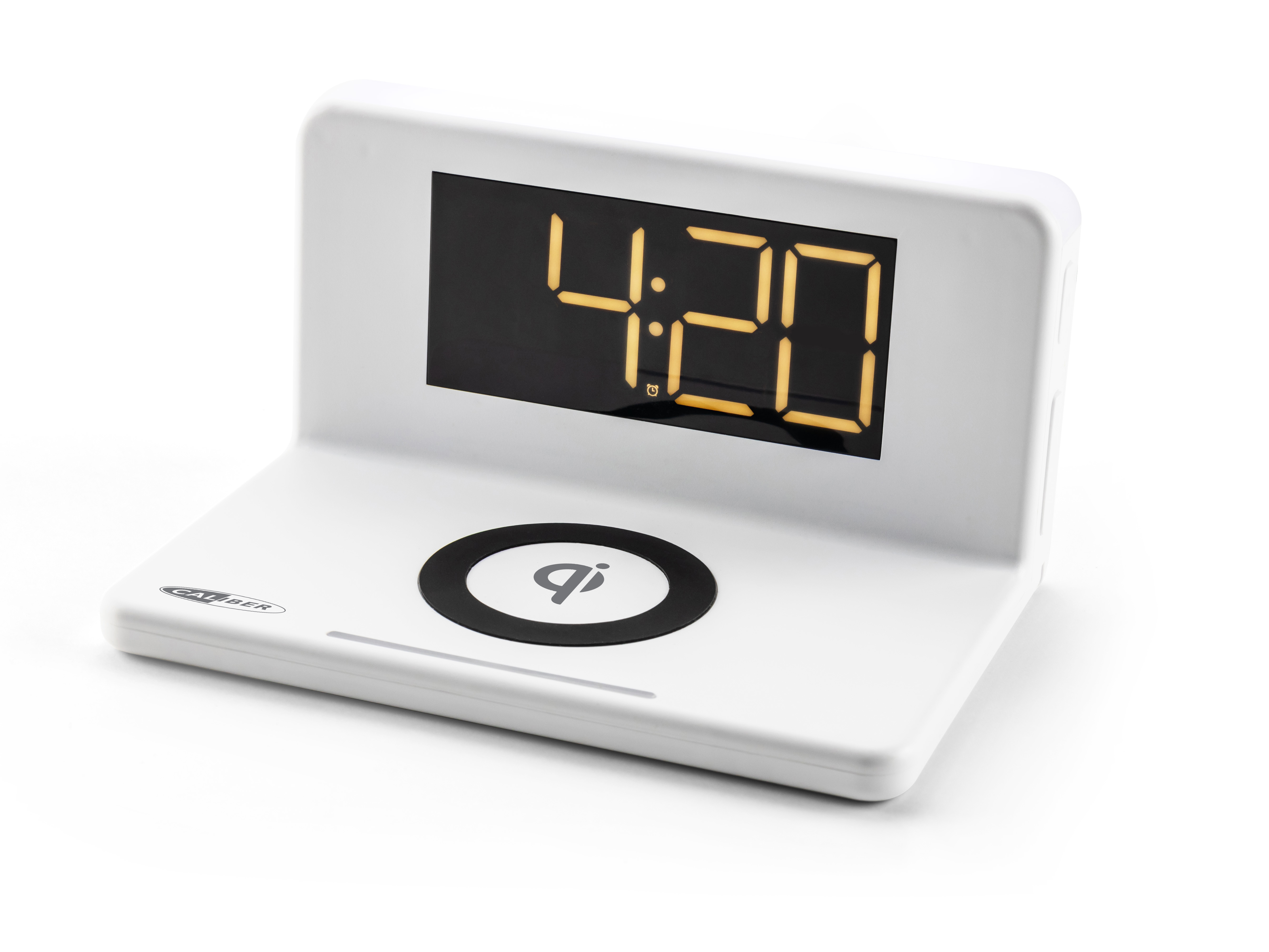 Weißer, kabelloser Wecker mit 4:20-Anzeige und Qi-Symbol.