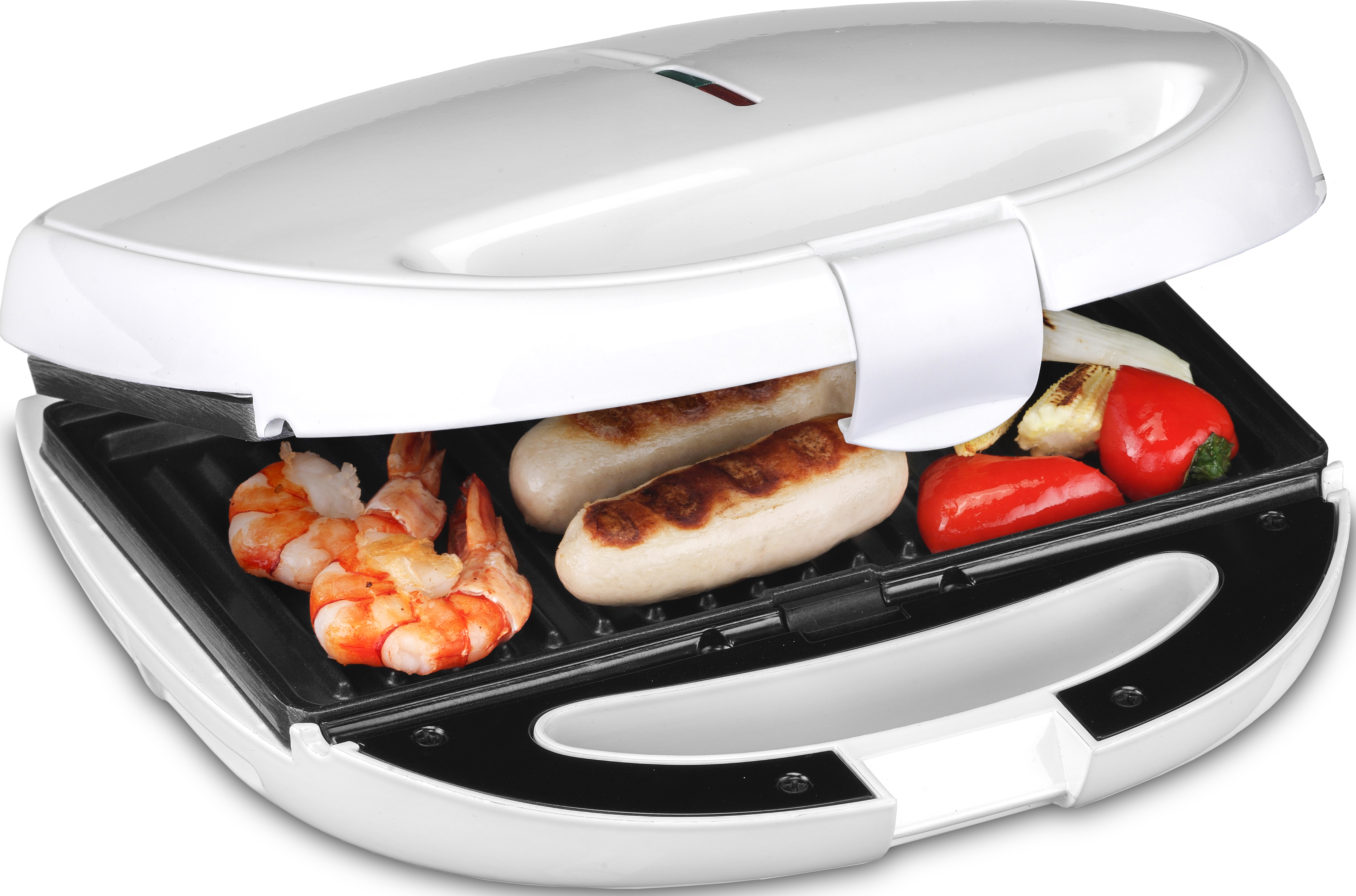 Ein offener weißer Kontaktgrill mit Würstchen, Garnelen und Paprika.