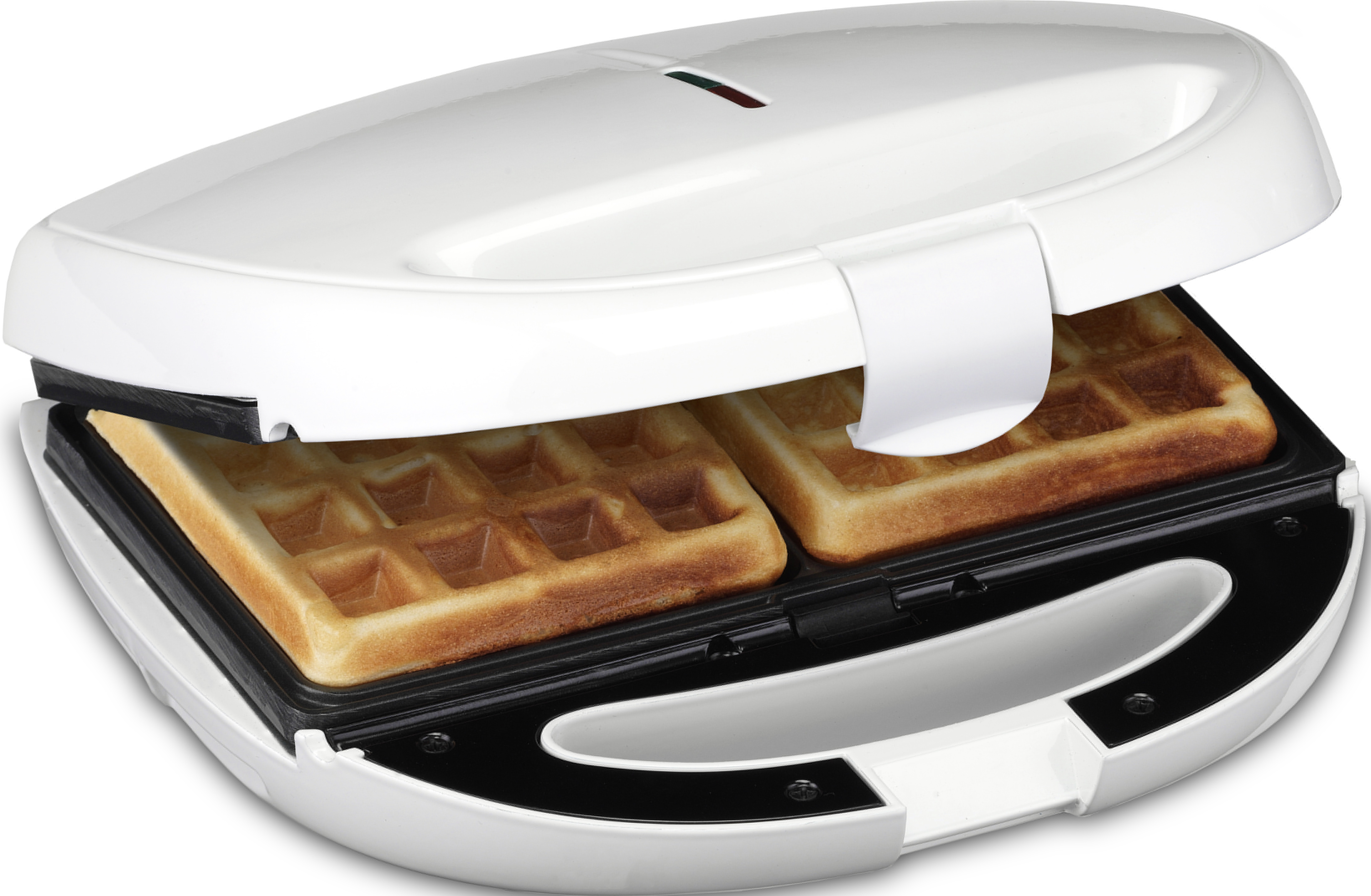 Ein weißer Waffelmaker mit zwei goldbraunen Waffeln darin.