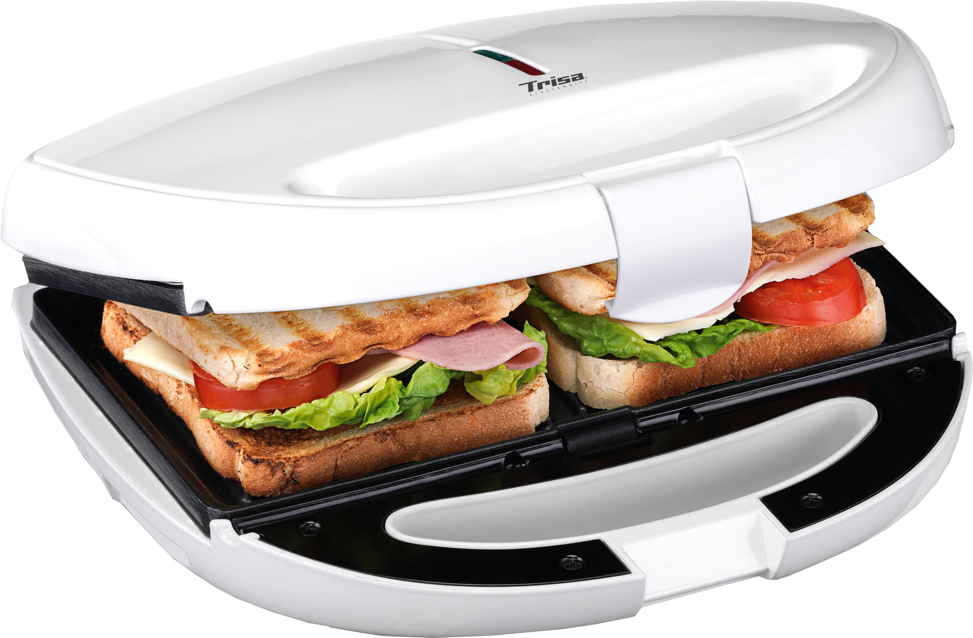 Ein weißer Sandwichmaker mit zwei Sandwiches mit Käse, Schinken, Tomaten und Salat.