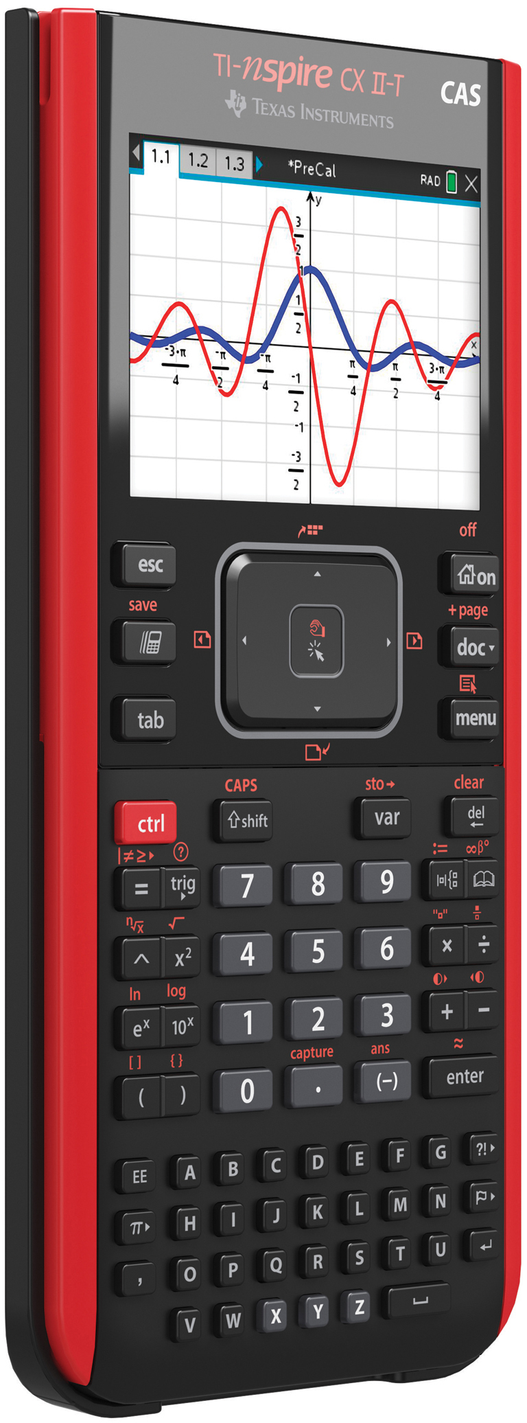 TI-nspire CX II-T CAS Rechner, schwarz und rot. Grafikanzeige. Tasten und Bildschirm gezeigt.