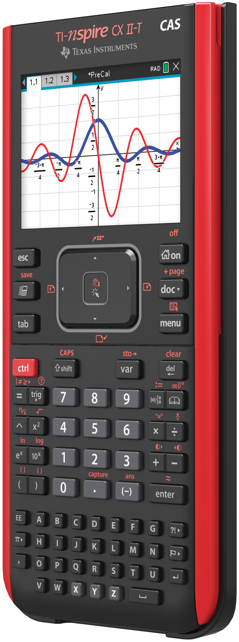 Nahaufnahme eines schwarz-roten TI-Nspire CX II-T Rechners mit einem Diagramm auf dem Bildschirm.