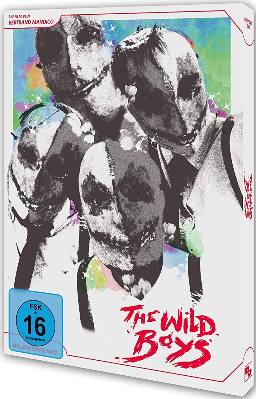 Filmcover: Vier Figuren mit weiß bemalten Gesichtern und roter Schrift mit der Aufschrift "The Wild Boys".