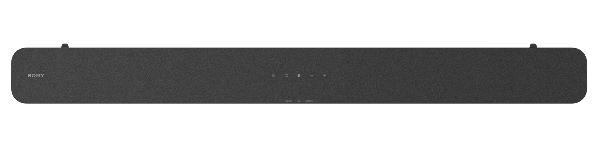 Lange, dunkelgraue Soundbar mit dem SONY-Logo auf schwarzem Hintergrund.