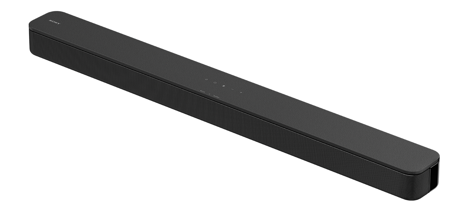 Eine schwarze Soundbar auf schwarzem Hintergrund. Sie hat Steuertasten oben.