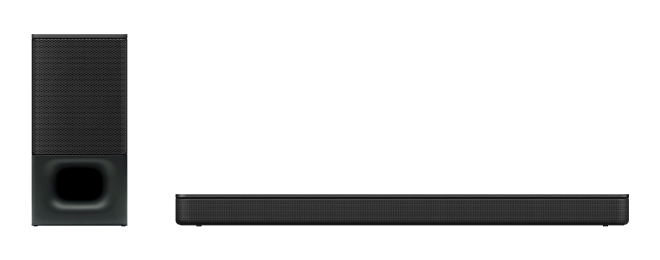 Eine schwarze Soundbar und ein Subwoofer, vor einem vollständig schwarzen Hintergrund.