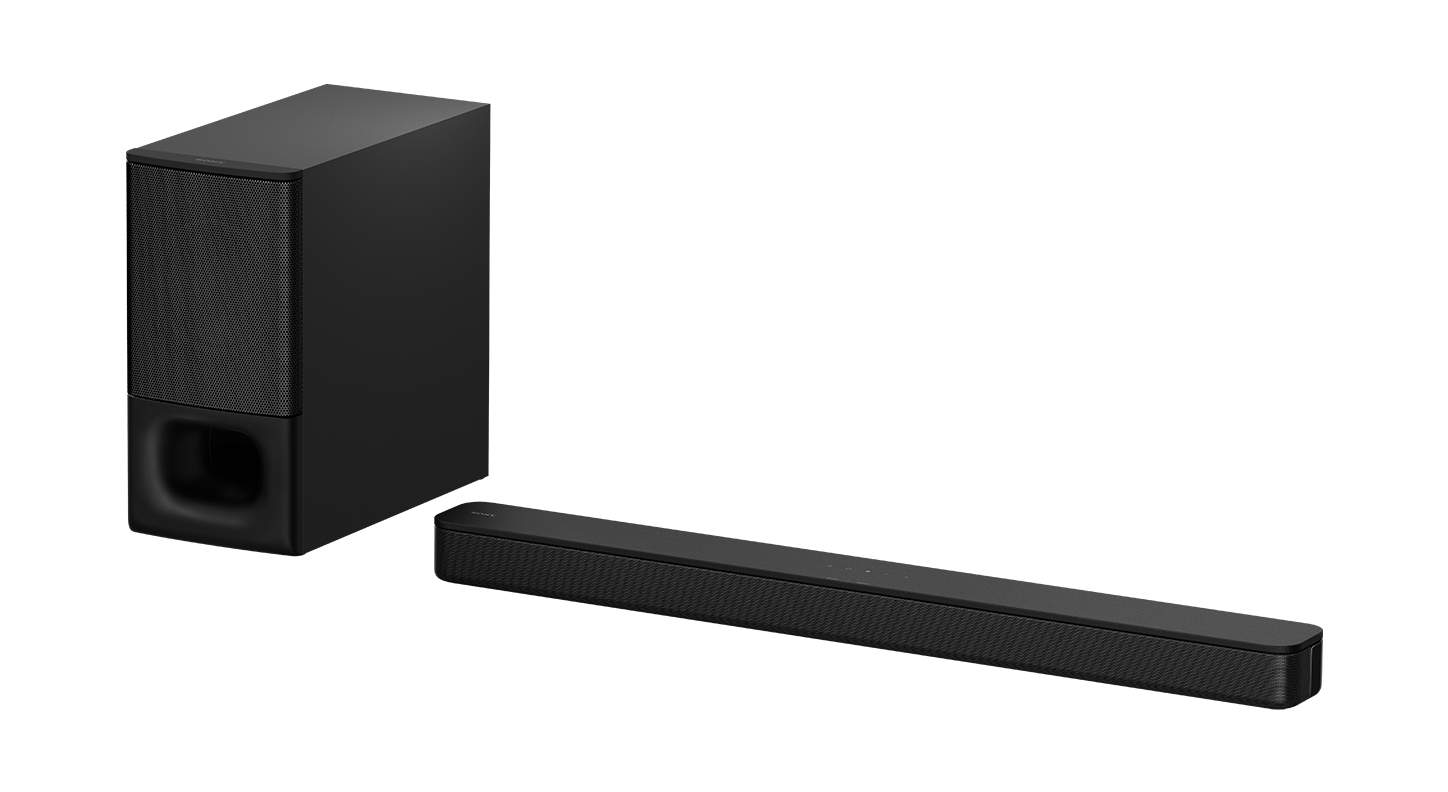 Eine schwarze Soundbar und ein Subwoofer auf schwarzem Hintergrund. Sony ist darauf gedruckt.