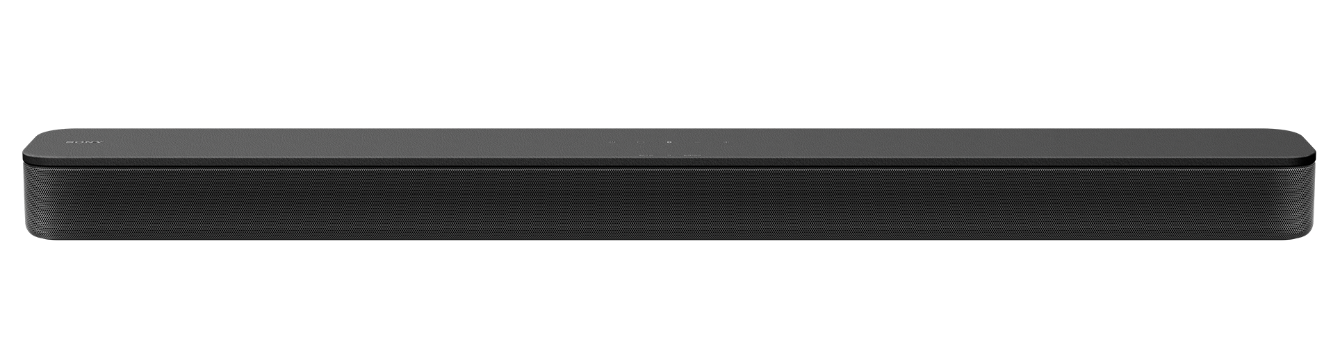 Eine schwarze Soundbar auf schwarzem Hintergrund. Sie hat eine einfache, rechteckige Form.