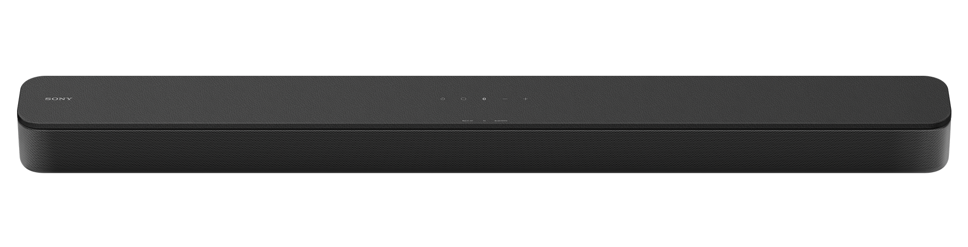 Schwarze Soundbar. Sie ist rechteckig und trägt das Wort 'Sony' oben. Sie befindet sich vor einem schwarzen Hintergrund.