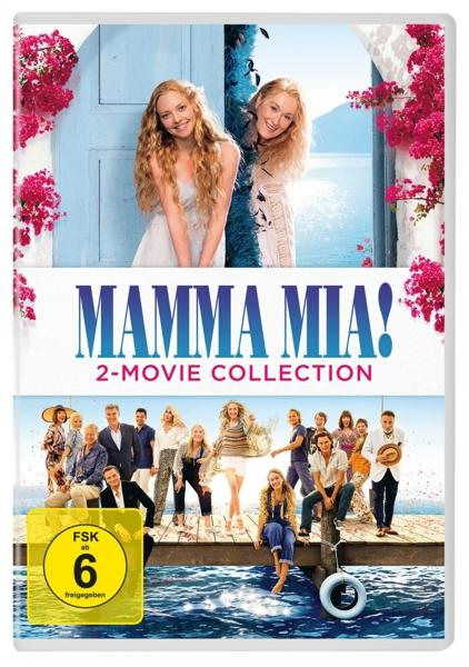 DVD-Cover von Mamma Mia! 2-Movie Collection mit Frauen auf einem Pier und dem Film-Cast.