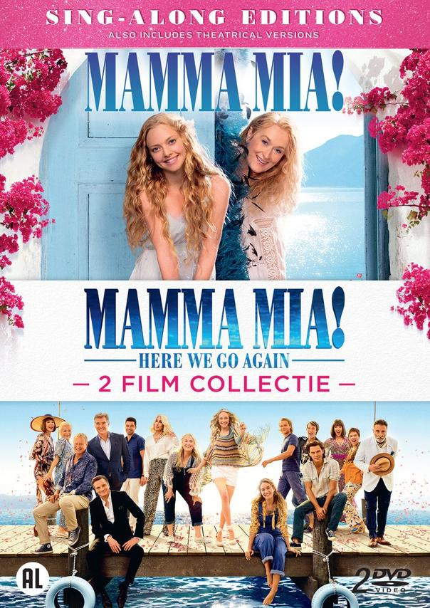 Affiche du film Mamma Mia! et Mamma Mia! Here We Go Again, avec photos des acteurs et texte du titre.