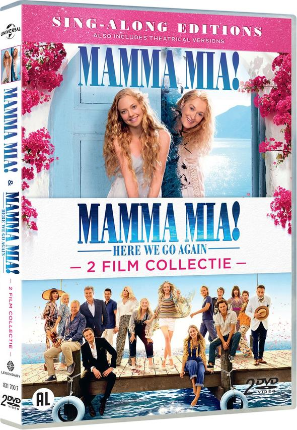 Boîtier DVD de Mamma Mia!. Il affiche les deux films et présente des images des acteurs et des décorations florales roses.