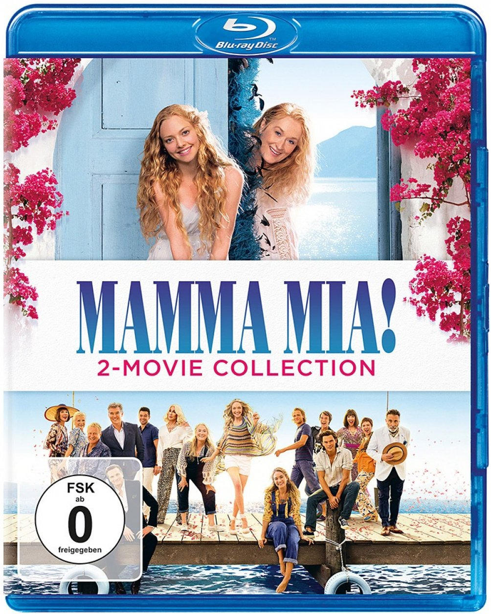 Mamma Mia! 2-Movie Collection Blu-ray Cover. Zwei Frauen auf einem Balkon. Filmtitel sichtbar.