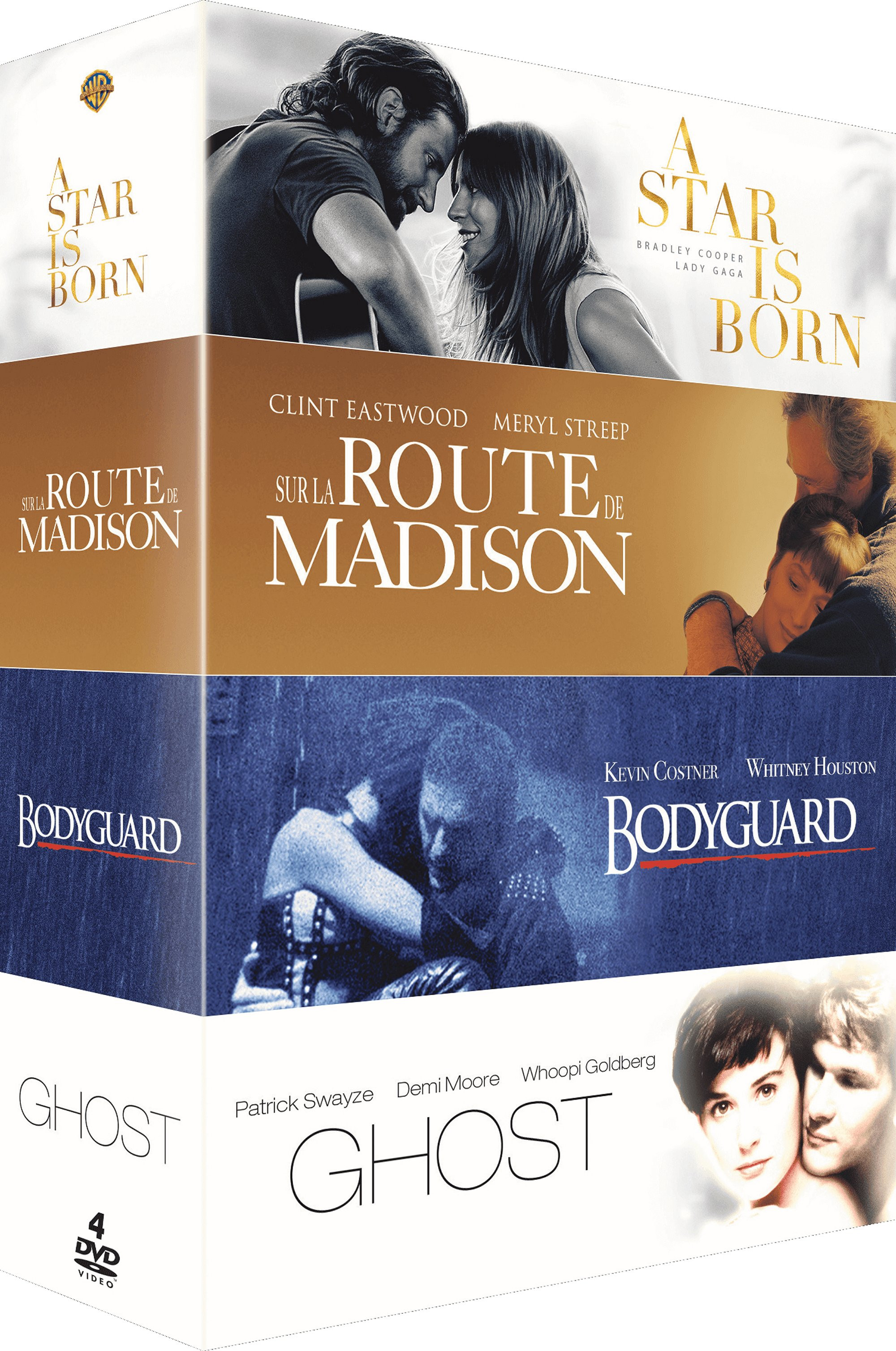 Coffret de quatre films. 'A Star is Born', 'Sur la Route de Madison', 'Bodyguard', 'Ghost'.