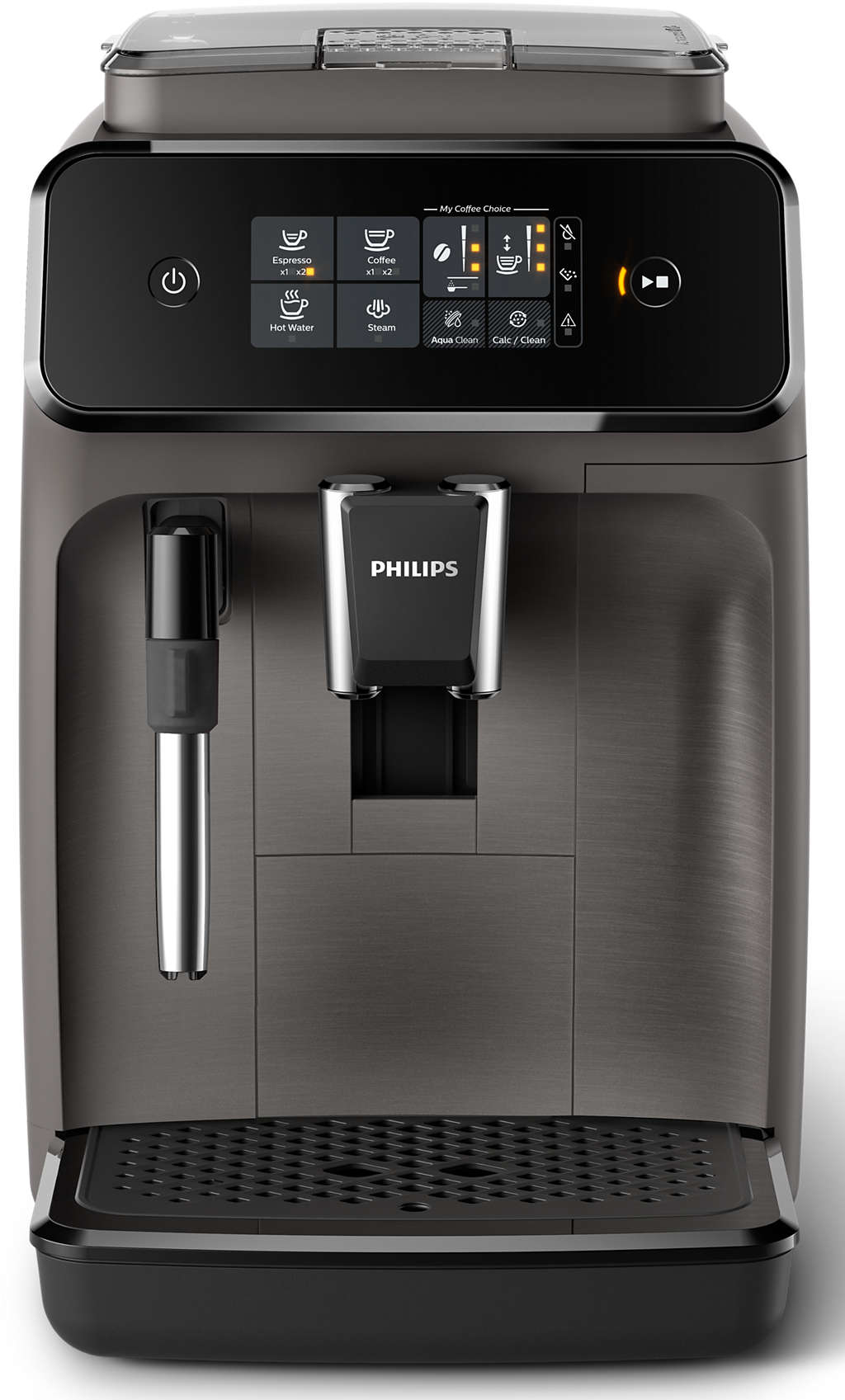 Sötétszürke Philips kávéfőző fekete képernyővel és fekete alappal. Különböző gombok és ikonok vannak rajta.