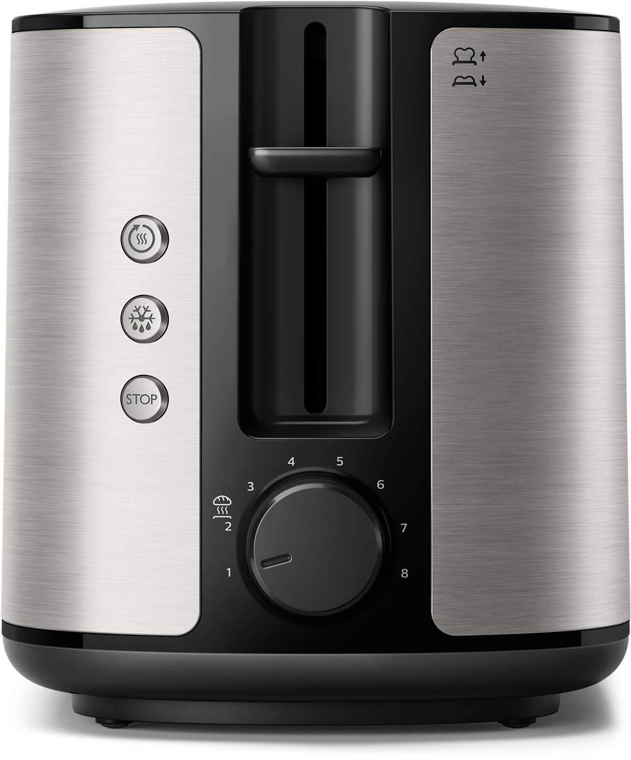 Egy ezüst és fekete Philips kenyérpirító gombokkal és egy tárcsával a különböző beállításokhoz.