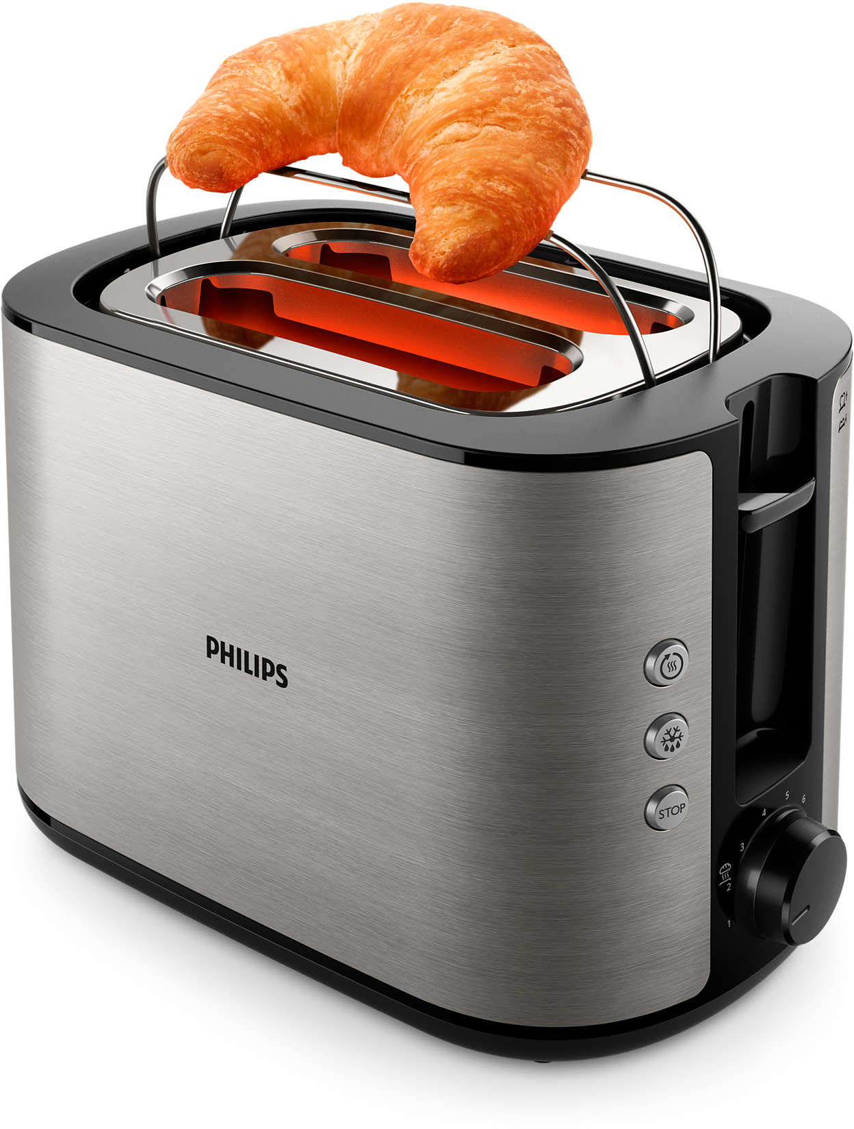 Egy ezüst Philips kenyérpirító, tetején egy croissant-val. A pirító fekete részletekkel rendelkezik.