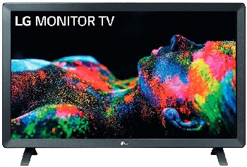 LG Monitor TV que muestra arte abstracto colorido sobre un fondo negro.