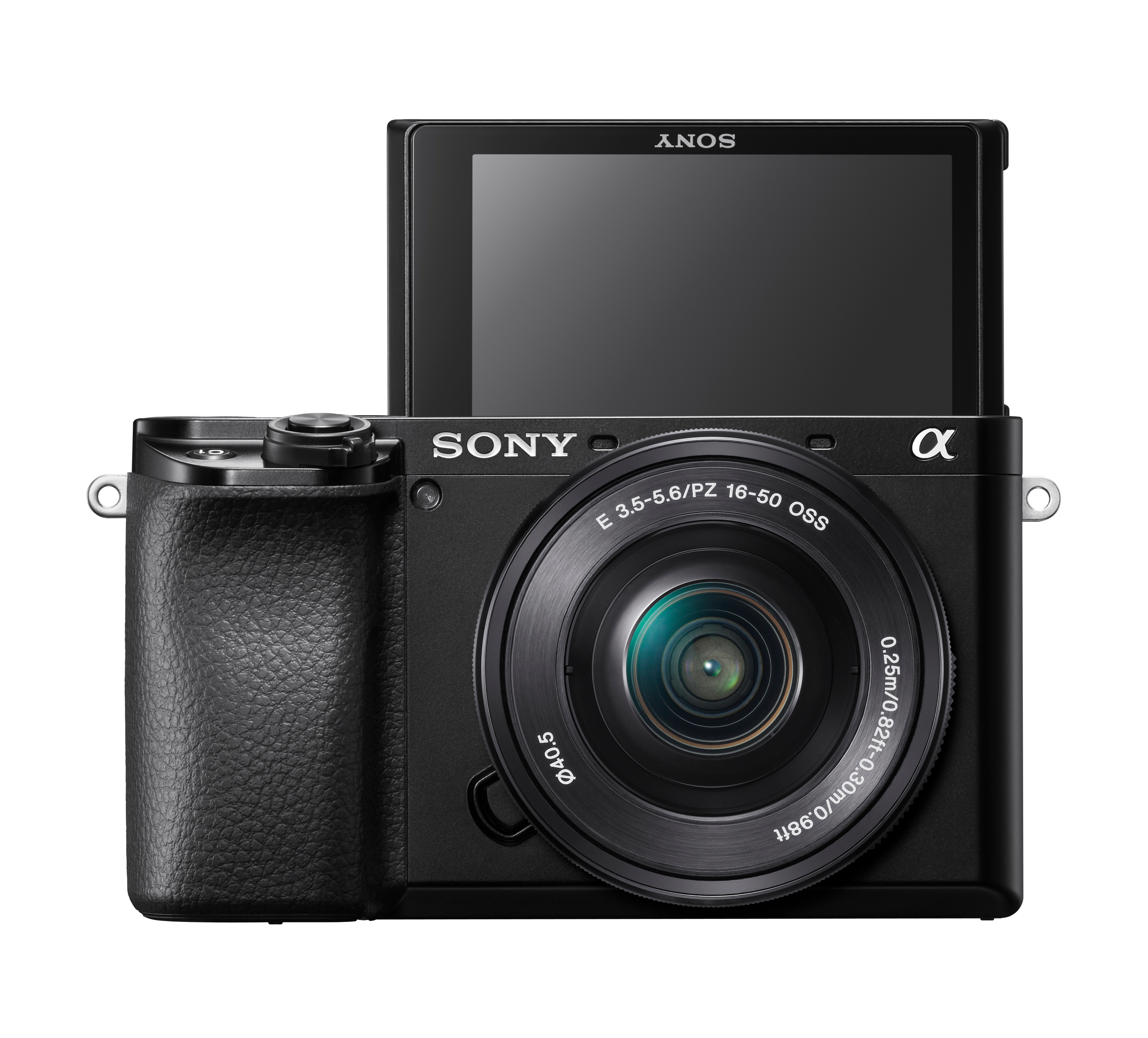 A black Sony camera with a lens and a flipped-up screen, isolated on white.
