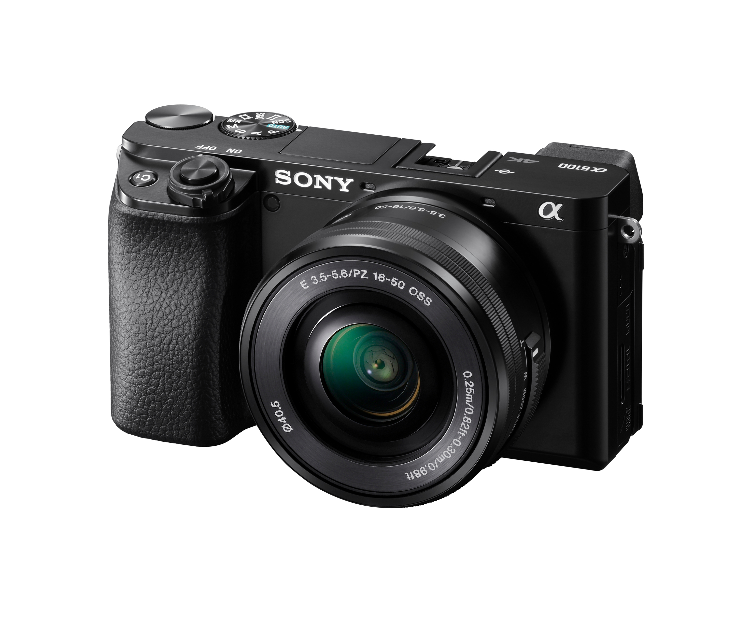 Black Sony camera with a lens, on a white background.