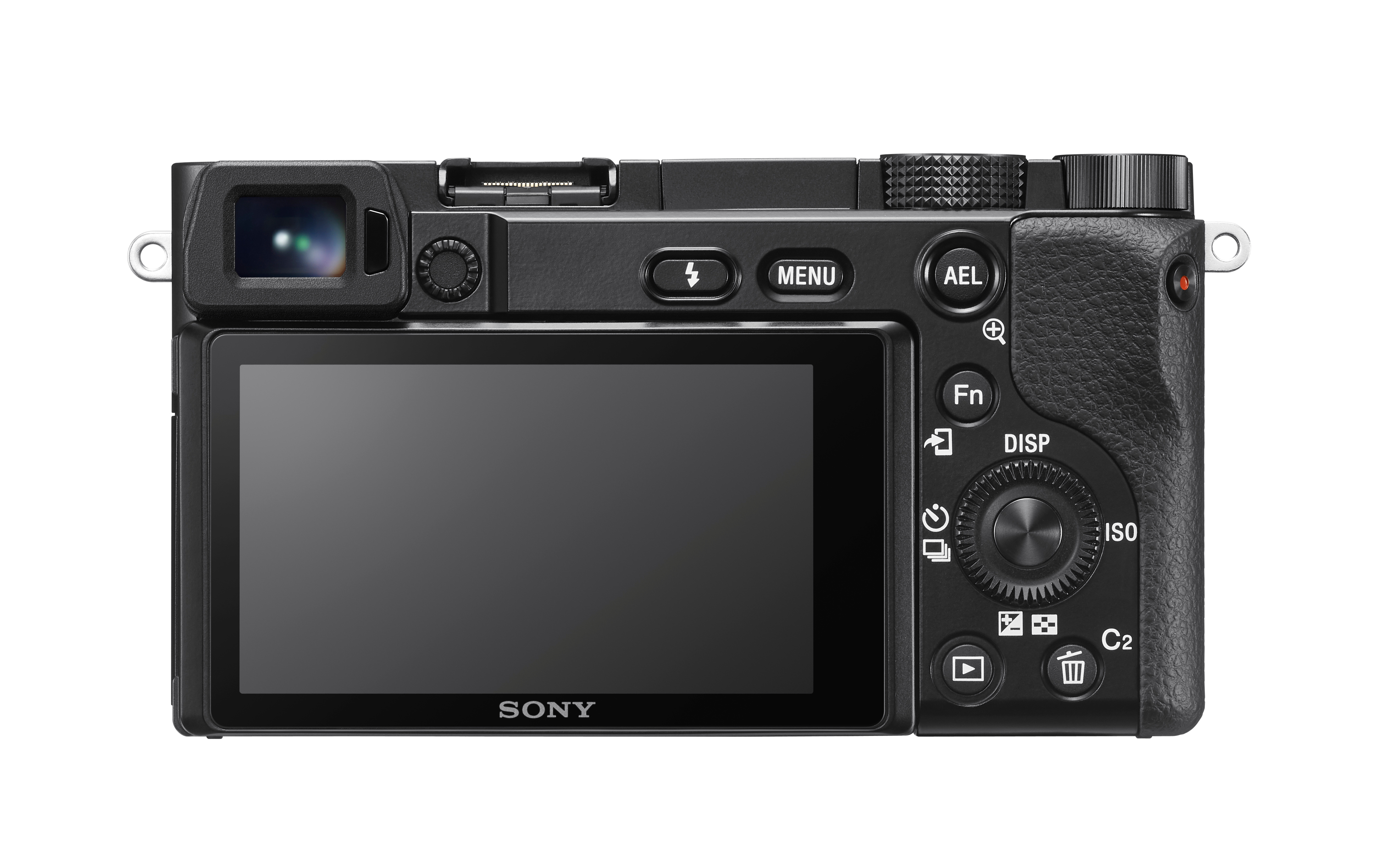 The back of a Sony camera. It has a screen, buttons, and dials. The camera is black.