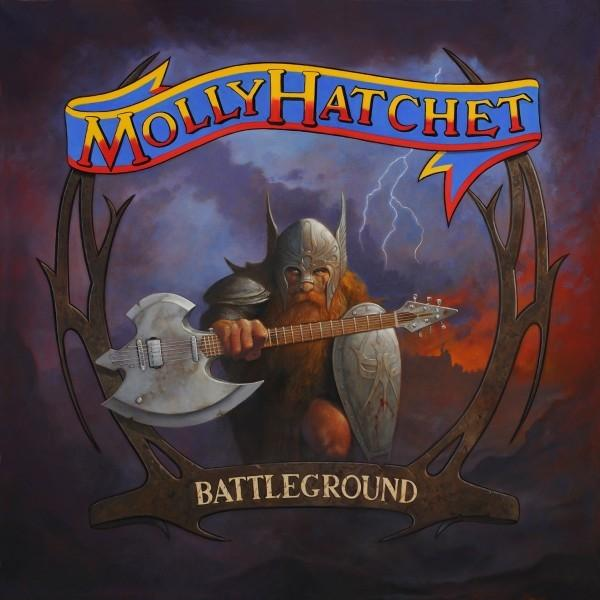 Albumcover von Molly Hatchet's Battleground mit einem Wikinger, der Gitarre spielt.