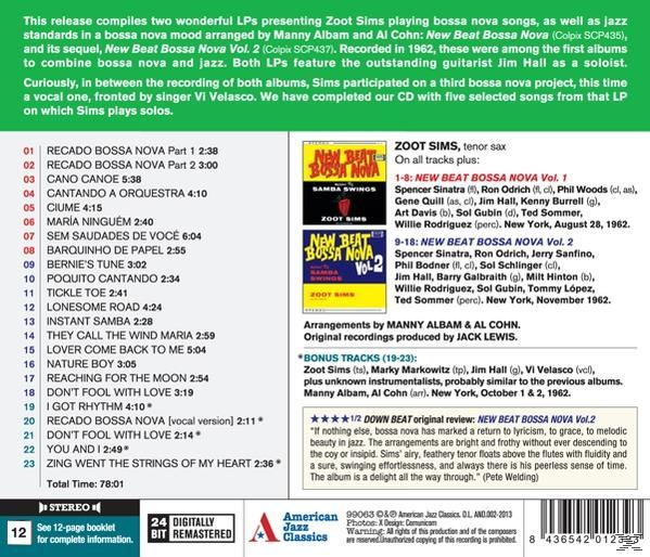 Album borító: New Beat Bossa Nova Vol. 2, Zoot Sims. Szöveg és albumborítók zöld háttérrel.